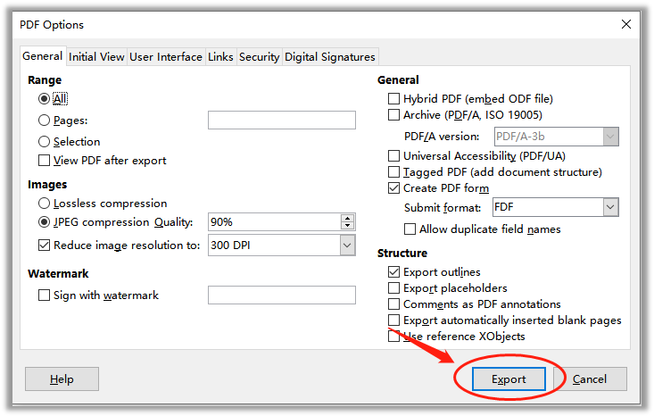 Options when converting TXT to PDF in LibreOffice