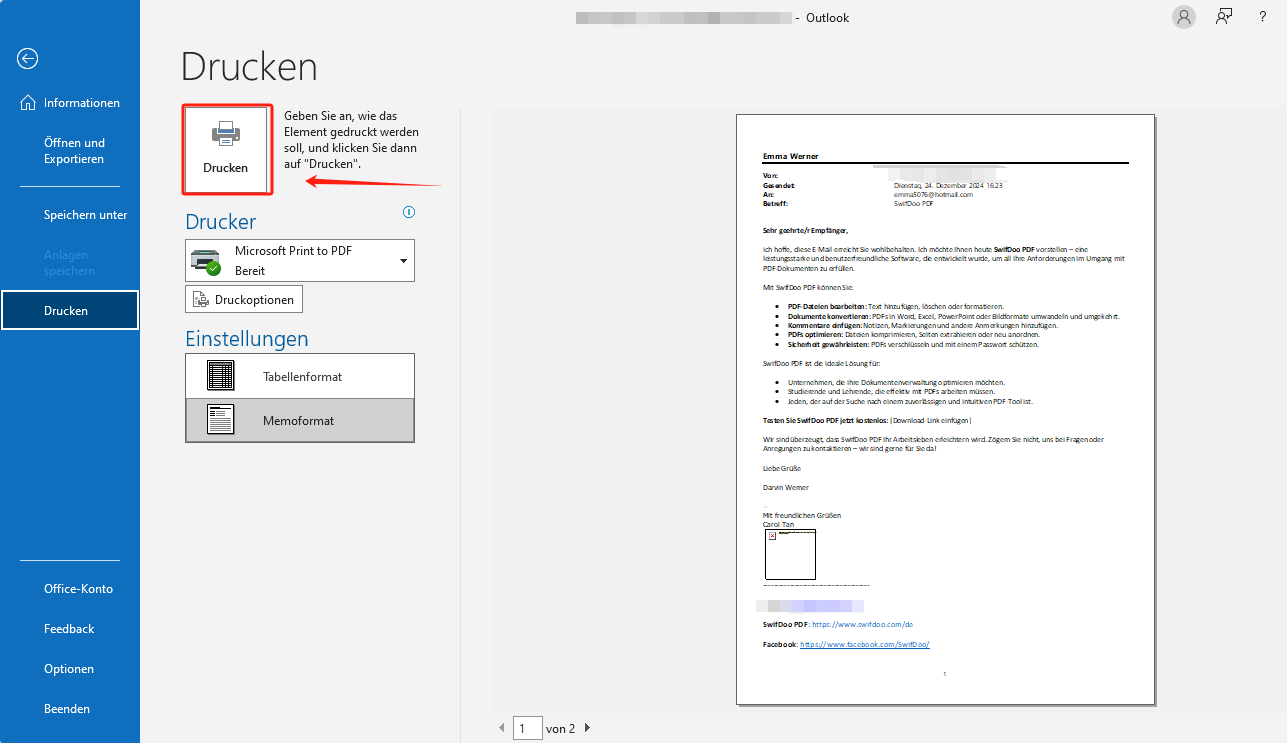 Outlook Mail in PDF umwandeln