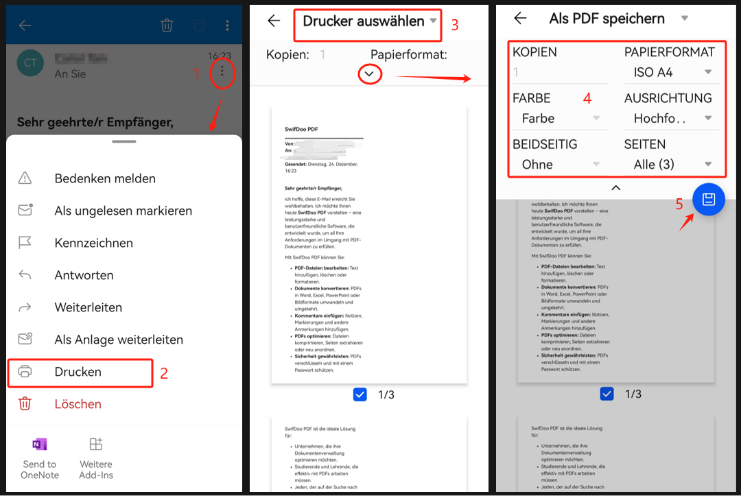 Outlook Mail in PDF umwandeln auf Mobil 