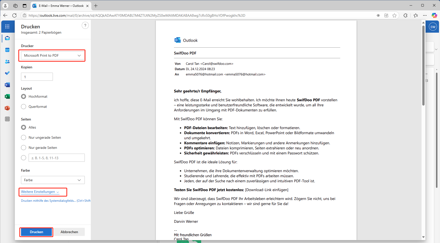 mehr Outlook Mails in PDF umwandeln