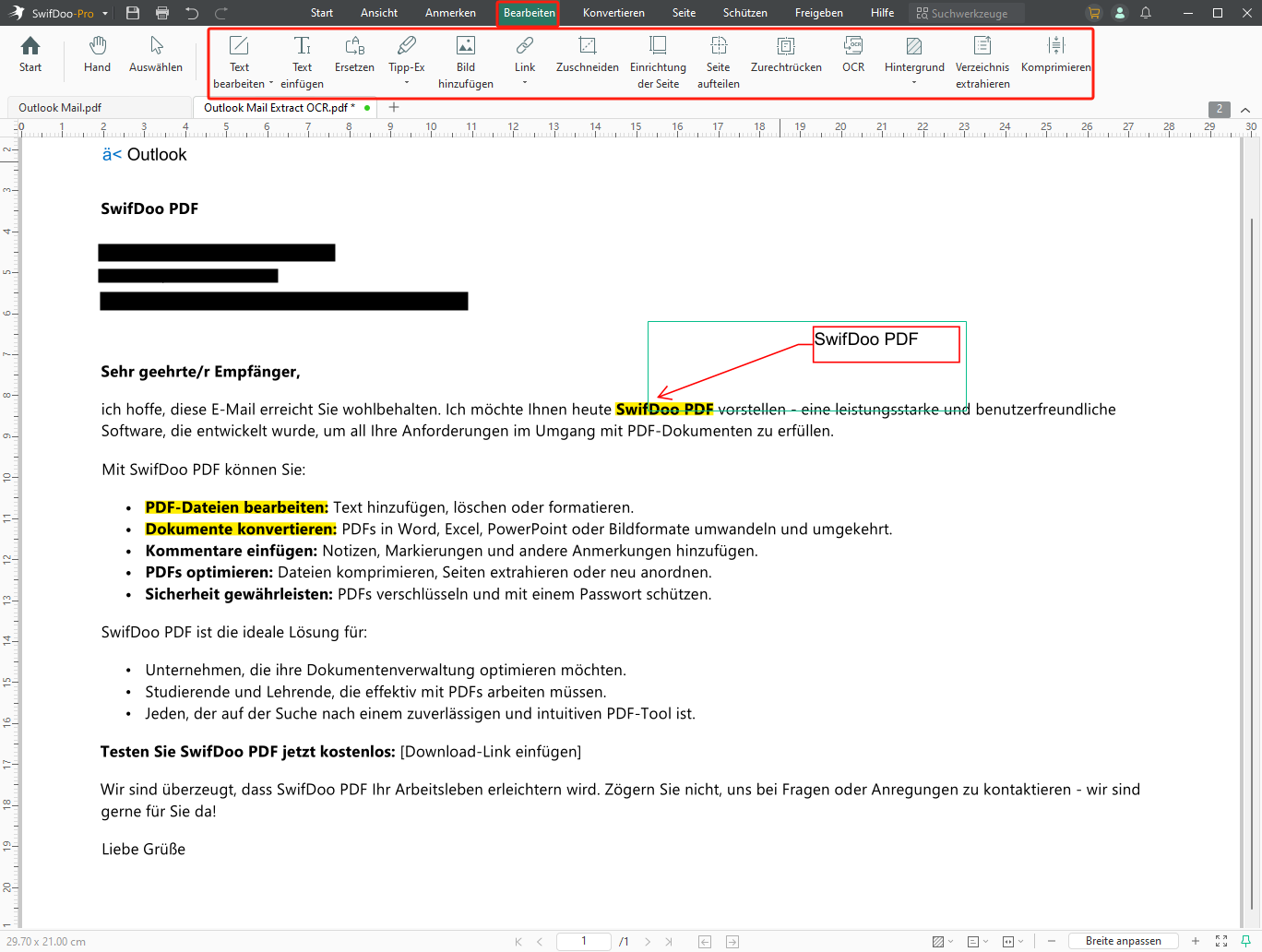 Outlook Mail als PDF bearbeiten 