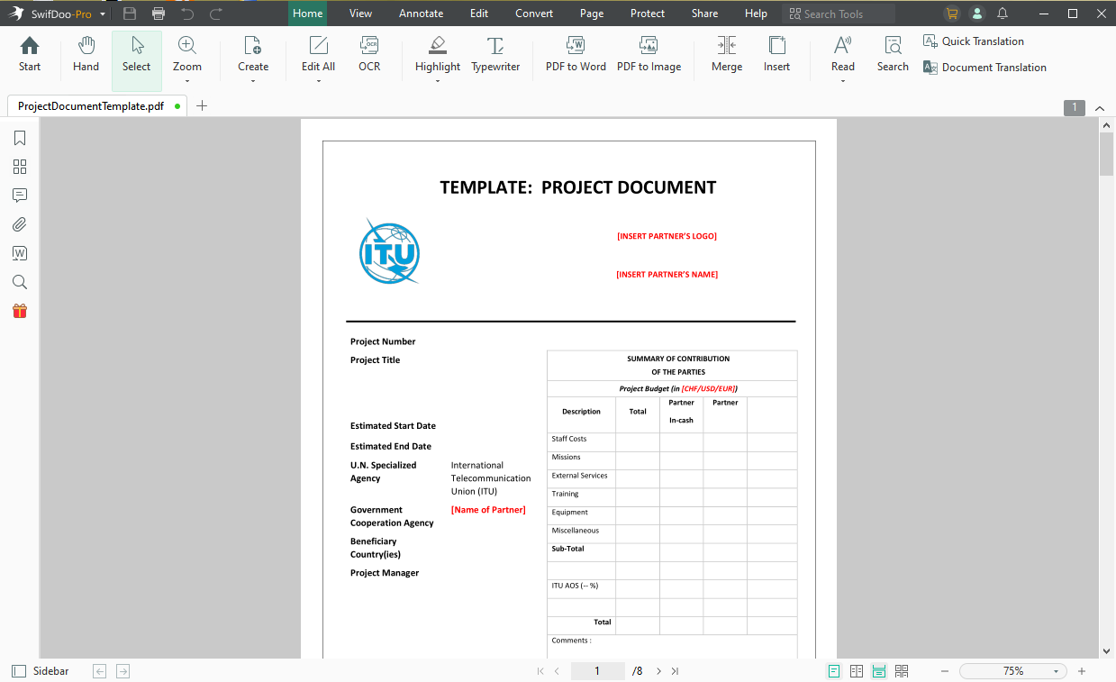 Output project document in PDF