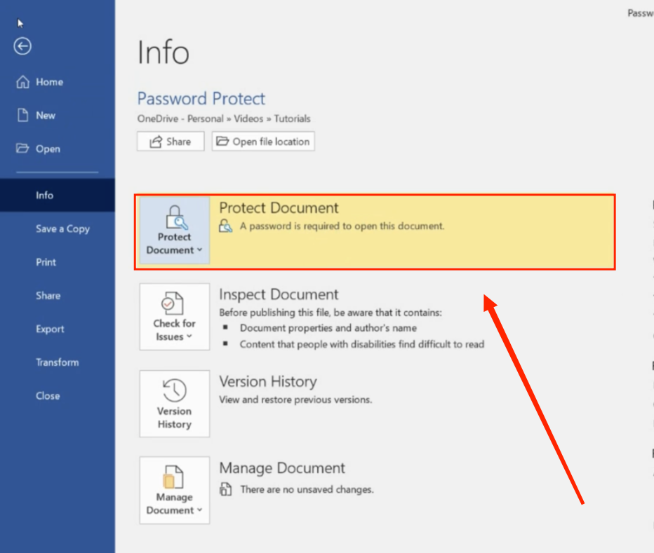 Password-protect a word document using Word on the Windows system 1