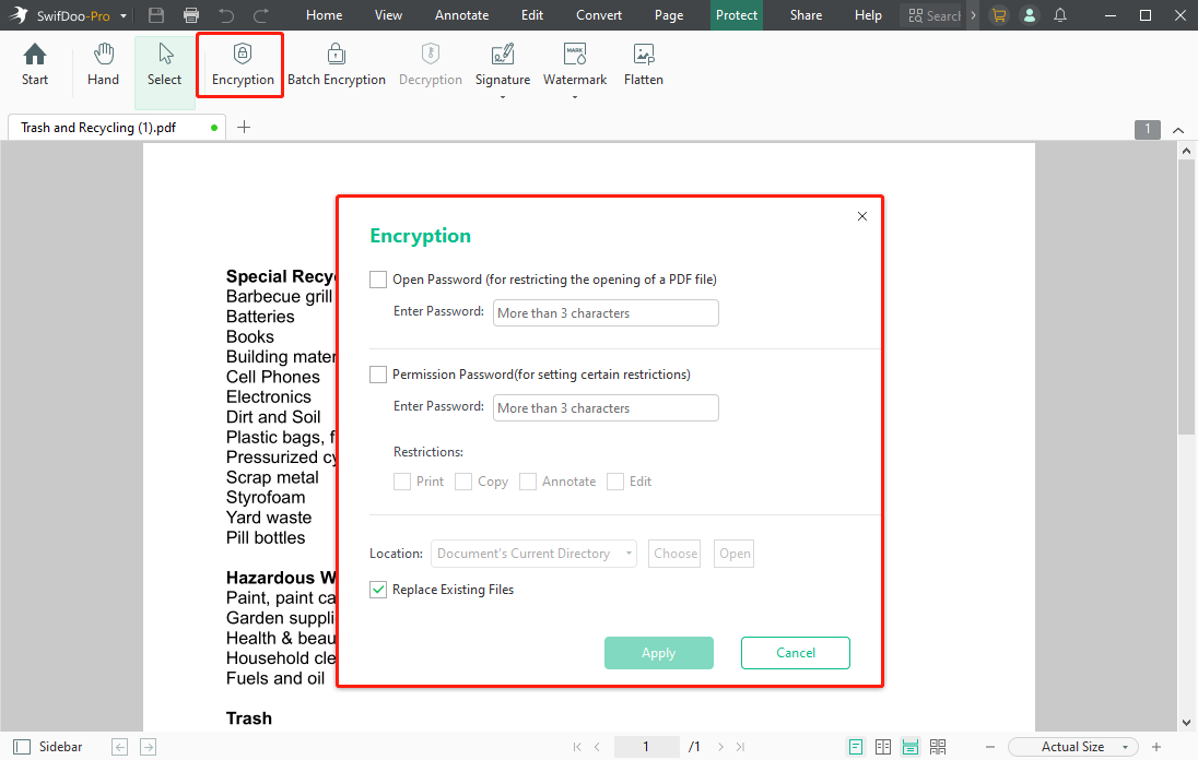 Password protect PDF using Encryption tool with SwifDoo PDF