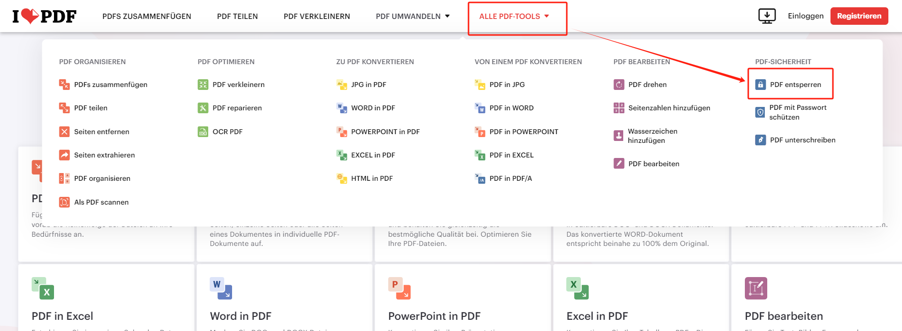 Wählen Sie oben auf der Webseite der Software ALLE PDF-TOOLS und wählen Sie PDF entsperren;