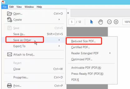 Gehen Sie auf Datei, wählen Sie Speichern unter und wählen Sie PDF verkleinert;