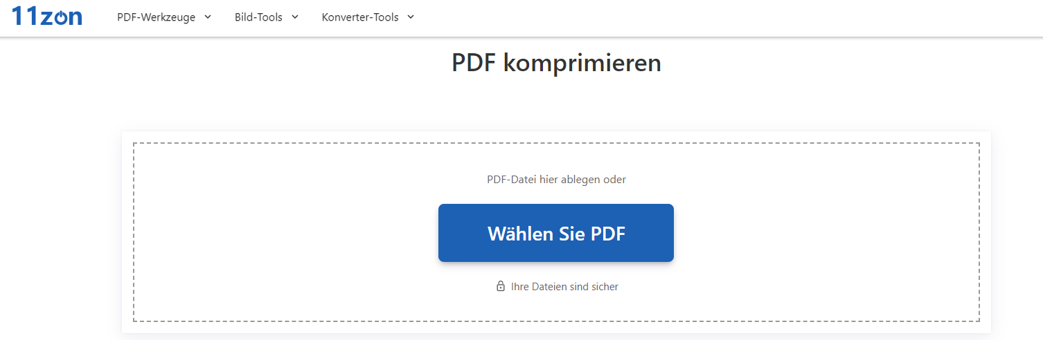 Wählen Sie auf der Webseite das Tool PDF komprimieren und klicken Sie auf PDF auswählen, um die PDF-Datei hochzuladen, die Sie auf 50KB komprimieren möchten;