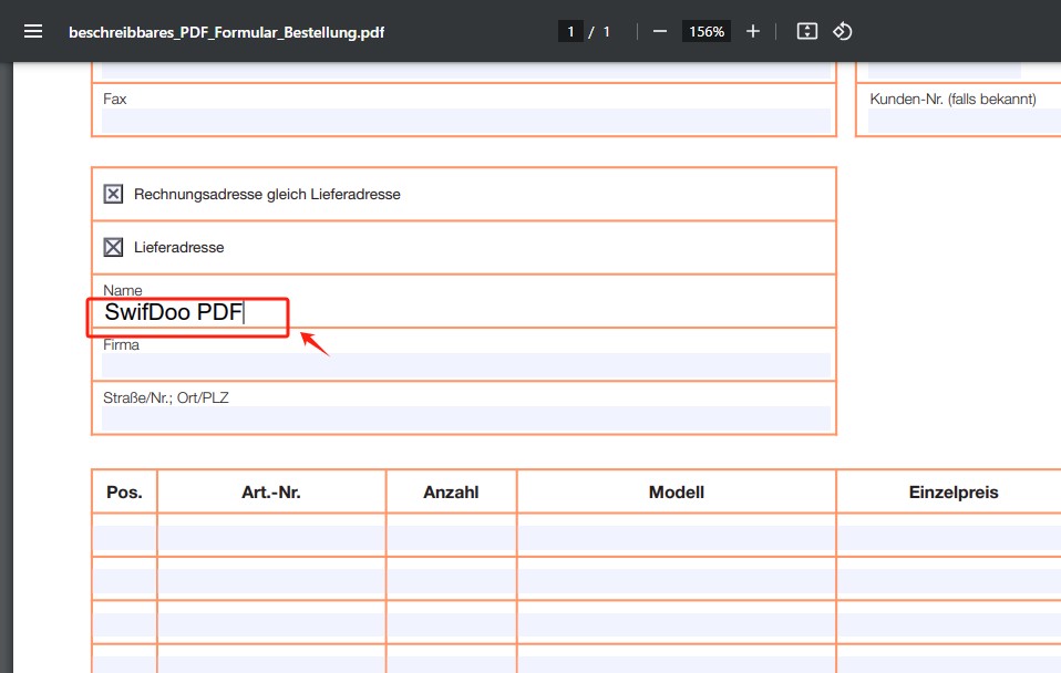  Google Chrome: PDF-Dokument kostenlos ausfüllen ohne Programm Google Chrome ist einer der beliebtesten Browser der Welt. Die meisten Nutzer wissen es aber nicht, es hat einen integrierten PDF-Viewer, der PDF online öffnen, drucken und auch ausfüllen kann. Keine Anmeldung oder Installation einer zusätzlichen App erforderlich, es erkennt ein interaktives PDF-Formular automatisch und lässt Sie Informationen eingeben und vordefinierte Optionen direkt wählen. Dank seiner hervorragenden Kompatibilität ist Chrome auf allen Geräten verfügbar. Lesen Sie die folgende Anleitung und erfahren Sie, wie Sie am PC, Mac sowie Handy PDF-Dokument kostenlos ausfüllen. Schritt 1: Machen Sie einen Rechtsklick auf das PDF-Formular auf dem Gerät und wählen Sie Öffnen mit > Google Chrome. Schritt 2: Wie Adobe Acrobat Reader erkennt Chrome automatisch die interaktiven Felder im PDF-Formular. Klicken Sie einfach auf ein beliebiges Feld, um mit dem Ausfüllen des Formulars zu beginnen.