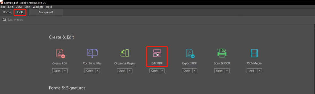 Wählen Sie das obere Menü Tools und wählen Sie PDF bearbeiten;
