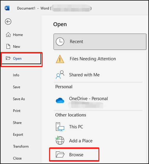 Starten Sie Microsoft Word unter Windows und navigieren Sie zu Datei > Öffnen, um eine PDF-Datei zum Öffnen auszuwählen;