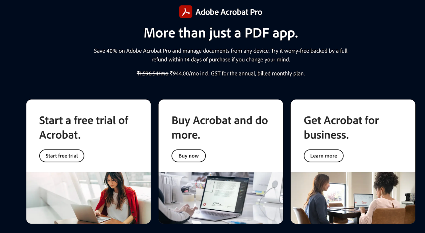 Web page of Adobe Acrobat Pro