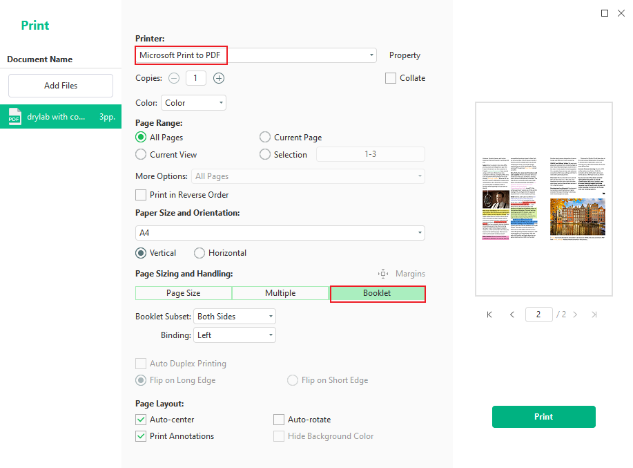 Select the Booklet option in the Print dialog of SwifDoo PDF