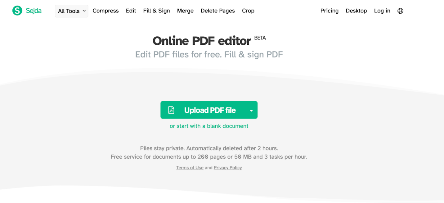The main interface of Sejda online PDF editor