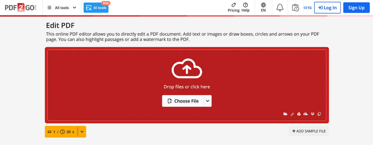 Main interface of PDF2Go
