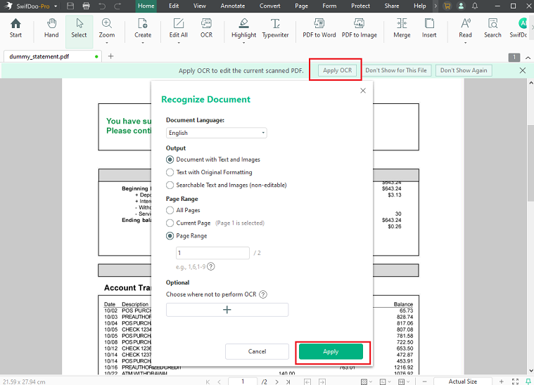 Click Apply OCR to make a scanned PDF editable in SwifDoo PDF