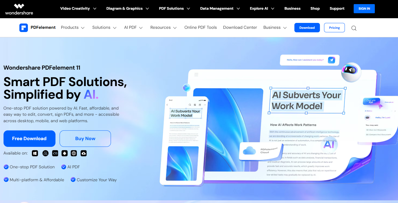 The website page of Wondershare PDFelement