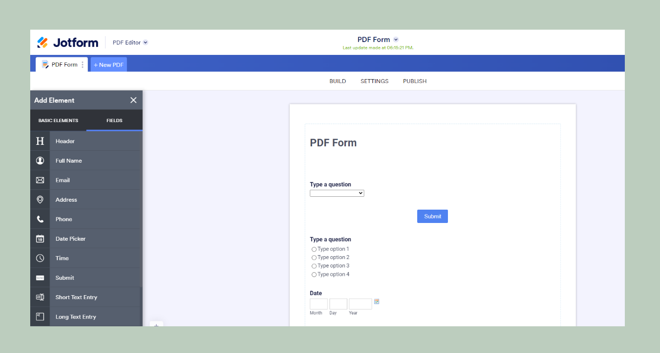 Darüber hinaus können Sie mit den Grundelementen von Jotform auch selbst eine einzigartige ausfüllbare PDF-Datei erstellen.