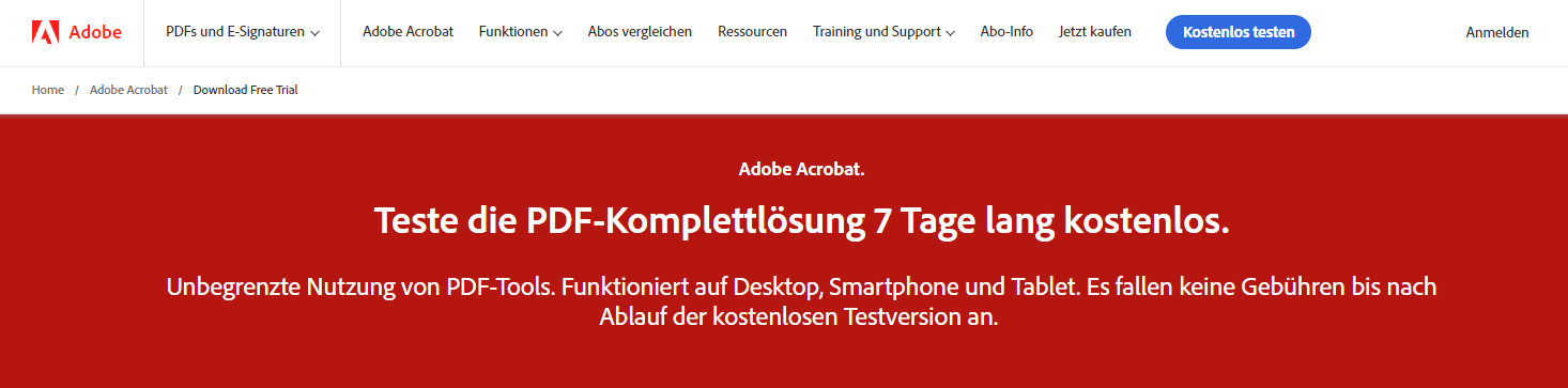 7-tägige kostenlose Testversion von Adobe