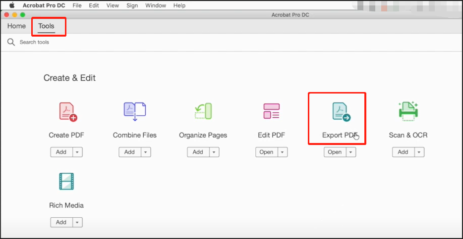 Öffnen Sie eine PDF-Datei mit Adobe Acrobat Pro DC und gehen Sie dann auf Extras > PDF exportieren;