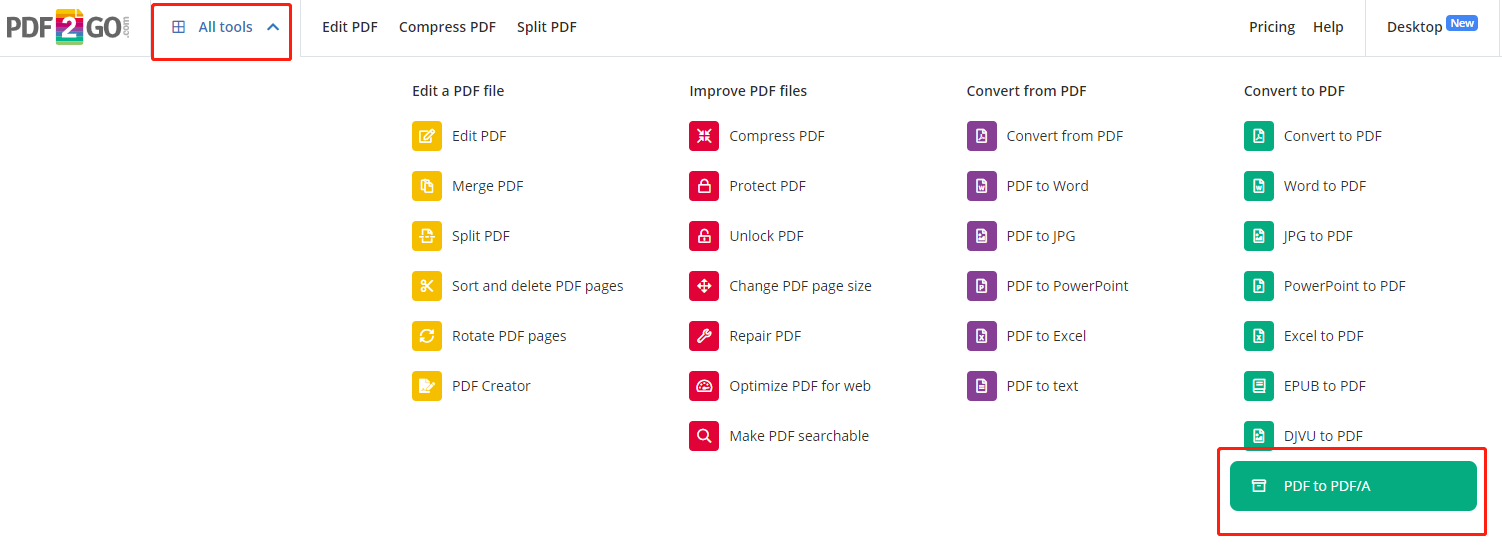 Wählen Sie oben links auf der Startseite Alle Tools und wählen Sie in der Dropdown-Liste PDF in PDF/A;