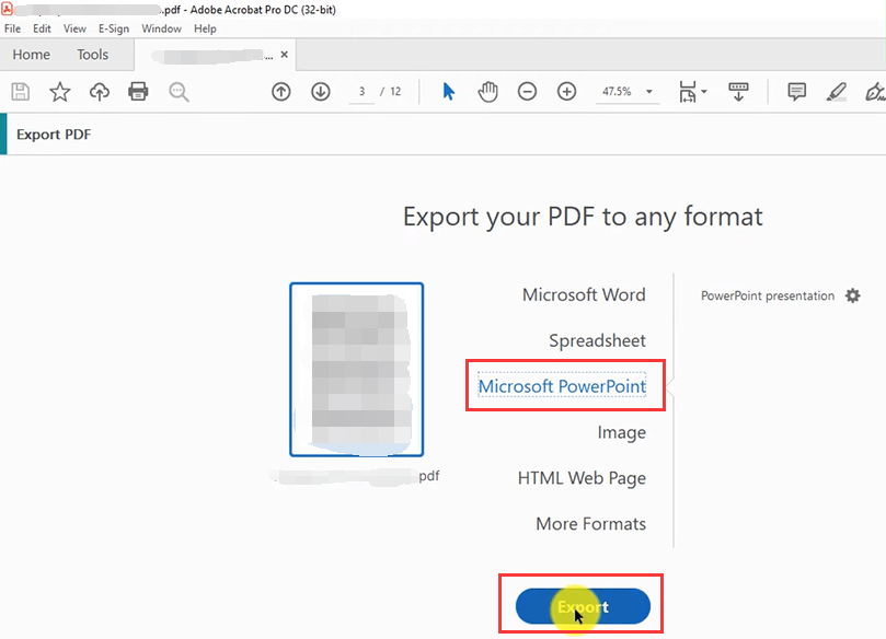 Wählen Sie Microsoft PowerPoint als Ausgabeformat