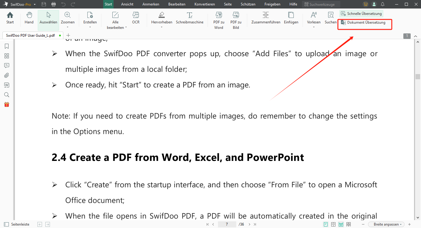 Starten Sie den PDF-Übersetzer und klicken Sie auf Dokument Übersetzung;