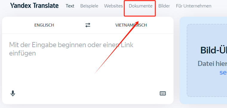 Wählen Sie auf der Webseite die Option Dokumente in Yandex Translate