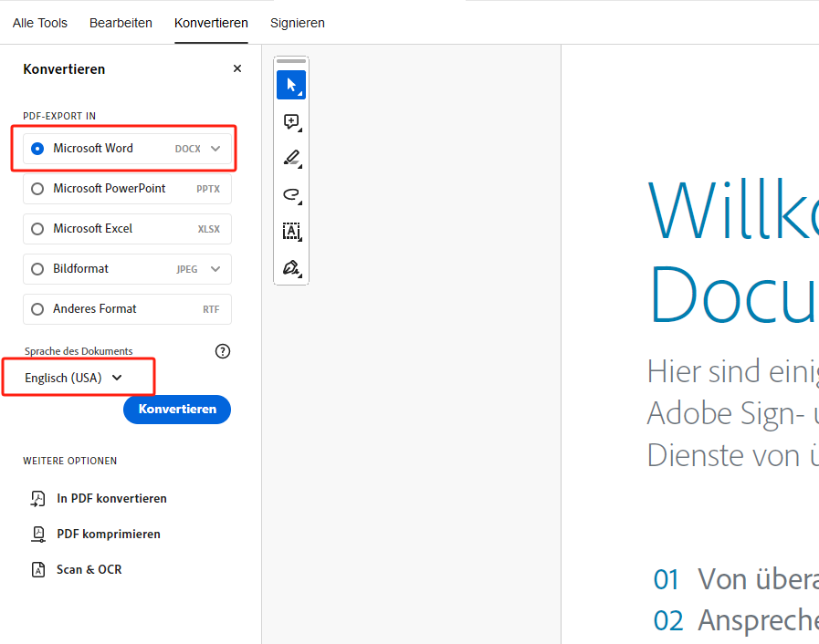 Wählen Sie Microsoft Word-Dokument (*.docx) im Dropdown-Menü PDF-Export In