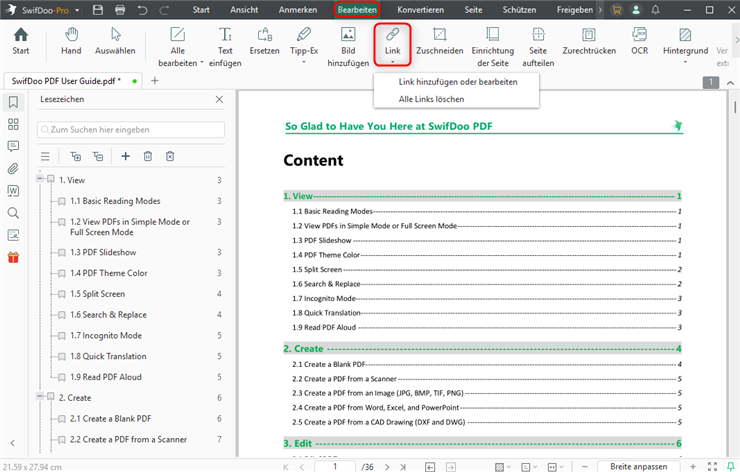 PDF Inhaltsverzeichnis erstellen mit SwifDoo PDF