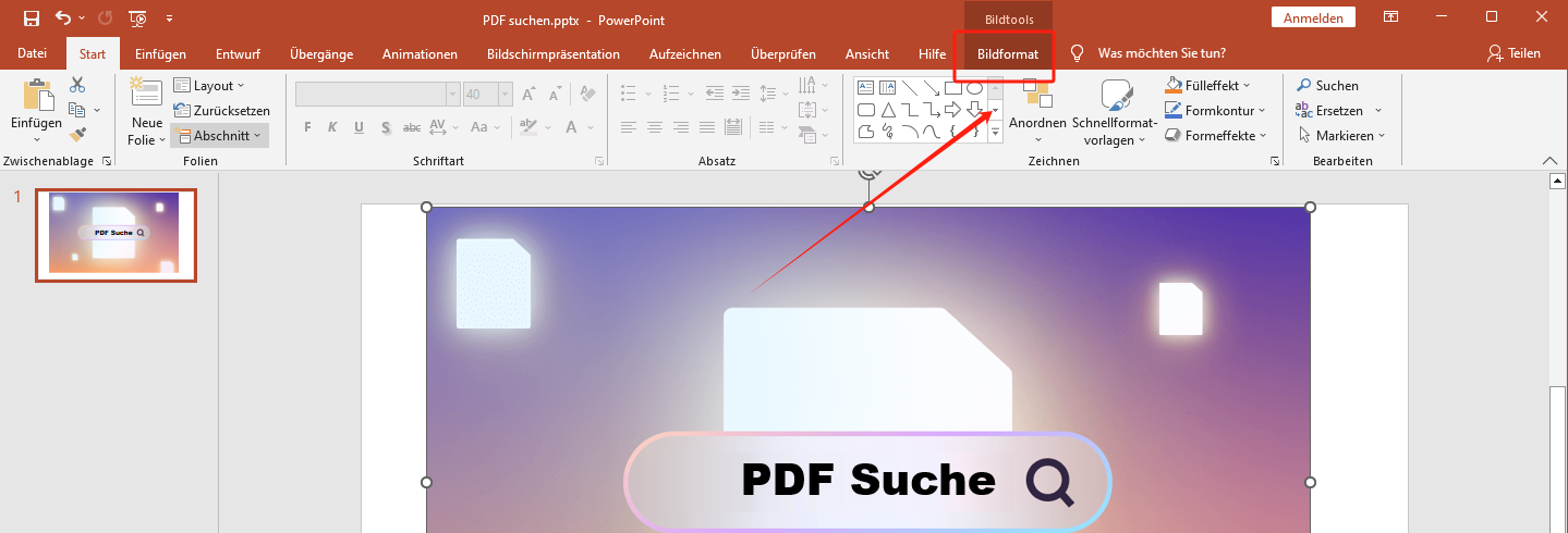 Wählen Sie ein Bild in Ihrer mit MS PowerPoint geöffneten PowerPoint-Datei aus und klicken Sie auf die Registerkarte Bildformat, die oben erscheint;