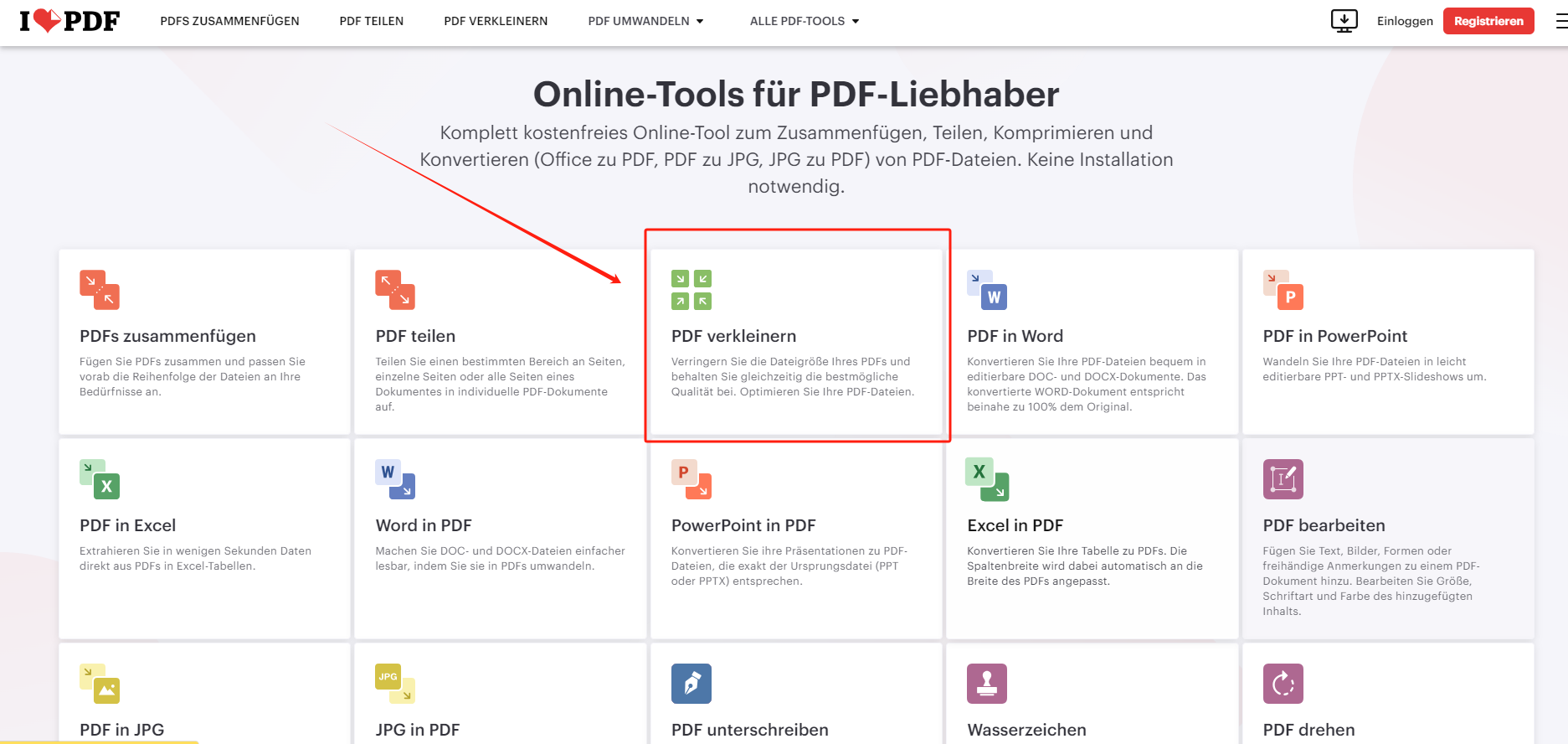 Suchen Sie das Tool PDF Verkleinern von iLovePDF