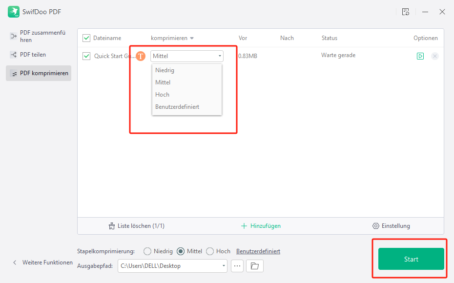 Klicken Sie auf Start, um Ihr PDF mit SwifDoo PDF zu komprimieren
