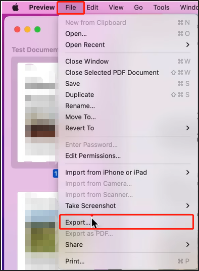 Klicken Sie oben auf Datei, um die Option Exportieren zu wählen;