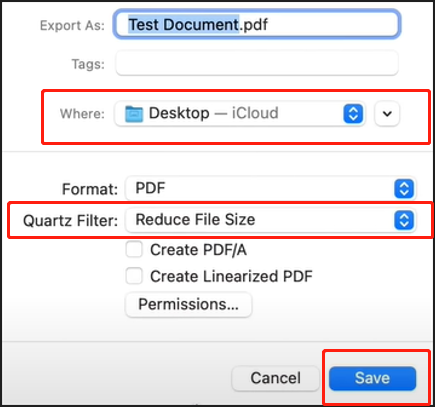 Wählen Sie im Menü Quartz Filter die Option Dateigröße verringern