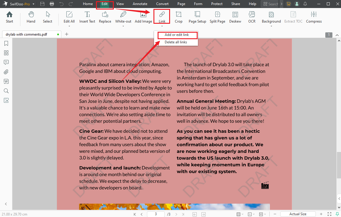 Click Link and select Add or edit link in SwifDoo PDF
