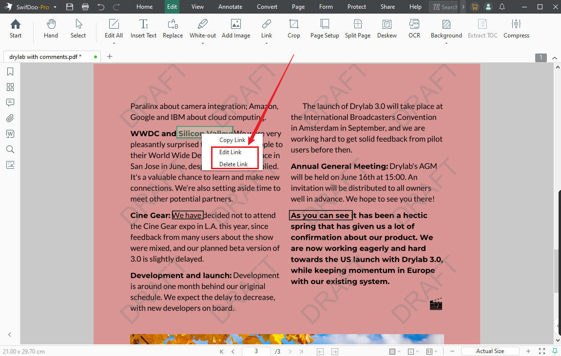 Right-click the link to select Edit Link or Delete Link in SwifDoo PDF