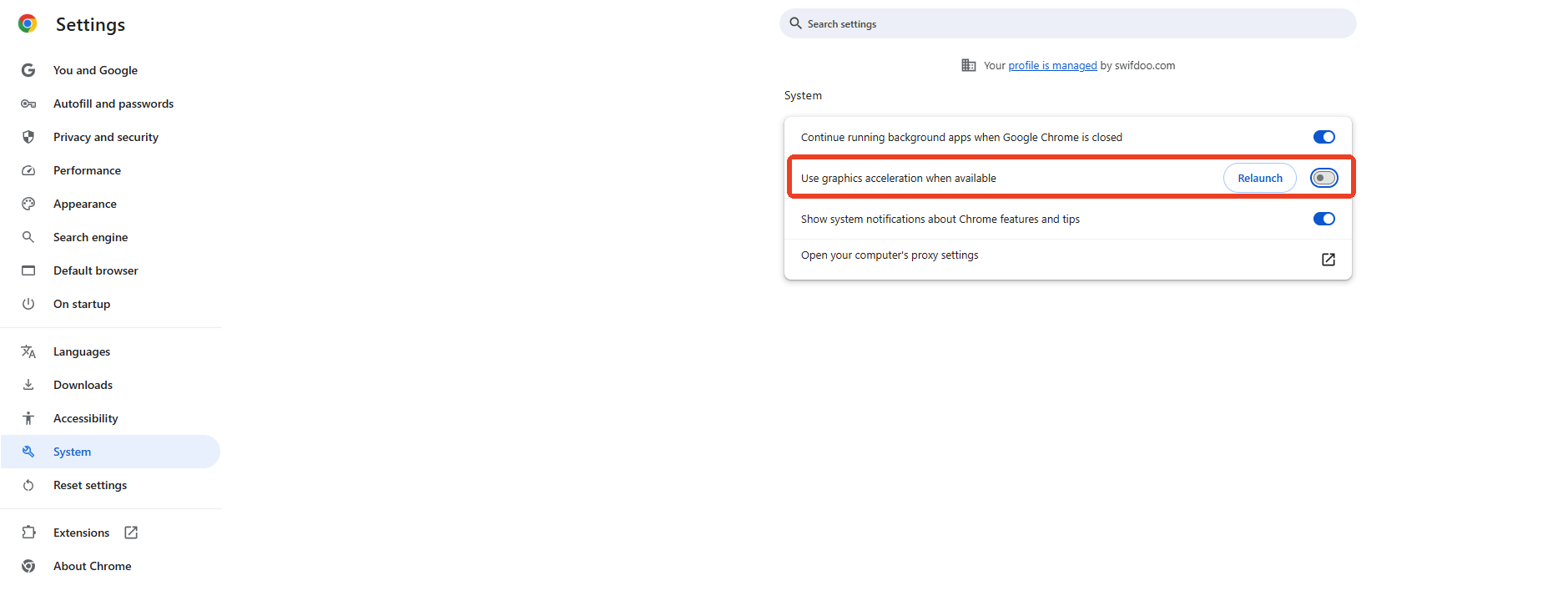 Toggle off hardware acceleration