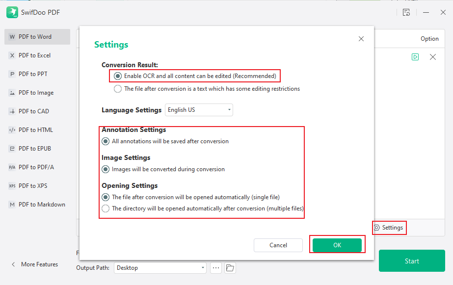 Click the Settings icon and enable OCR while converting in SwifDoo PDF
