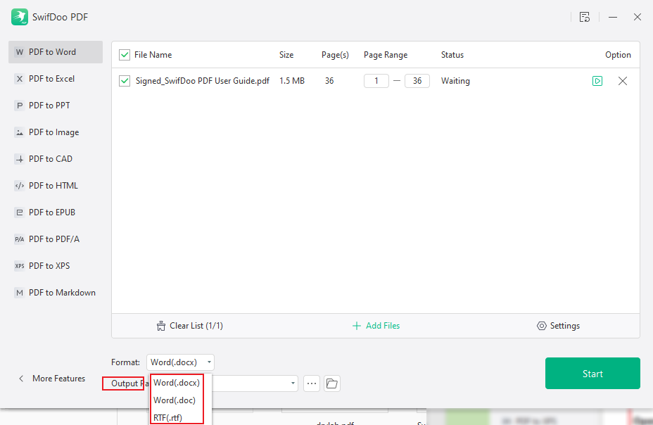 Choose the export format and saving path for the Word file in SwifDoo PDF