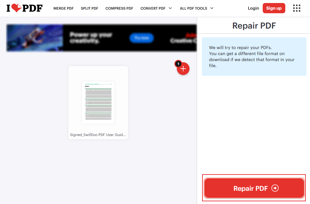 Click the Repair PDF button in iLovePDF