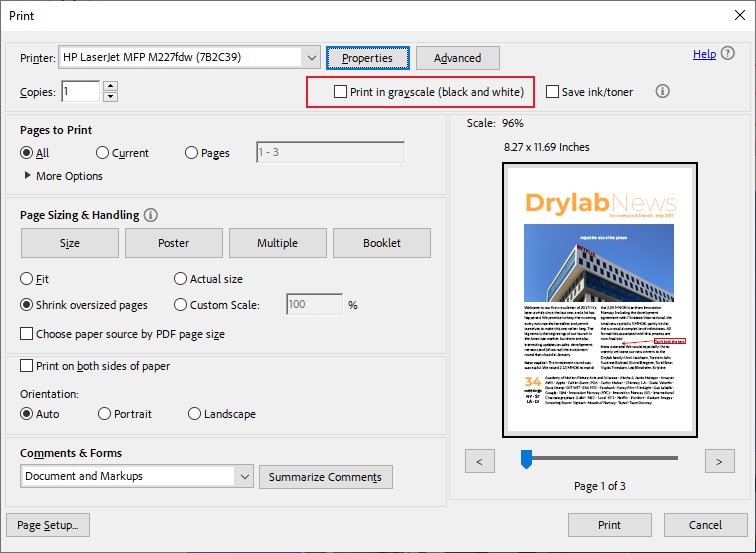 Don't tick the print in grayscale option in the PDF viewer