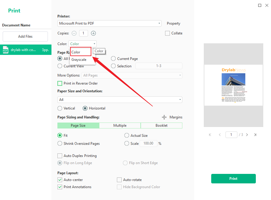 Select the Color option in the Print dialog of SwifDoo PDF