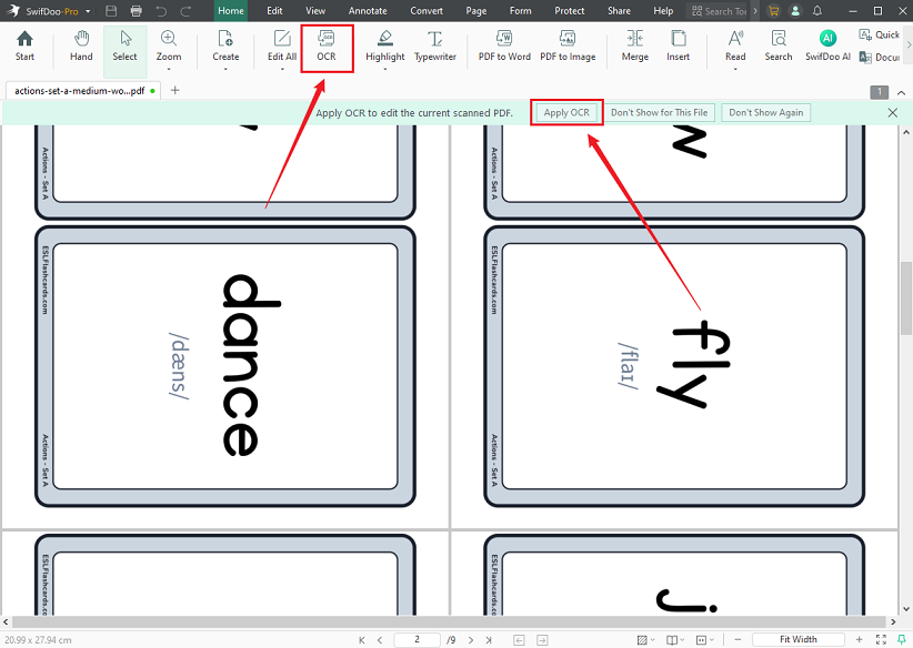 Click the Apply OCR or OCR option in SwifDoo PDF