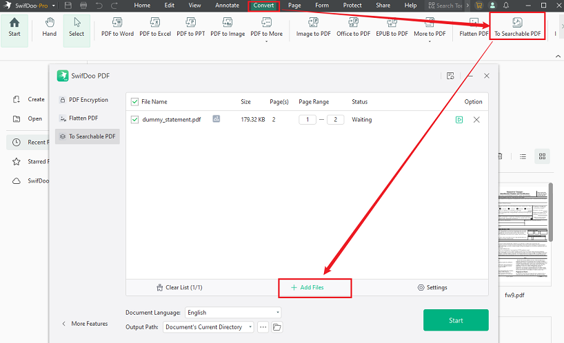 Go to Convert and click “To Searchable PDF” in SwifDoo PDF