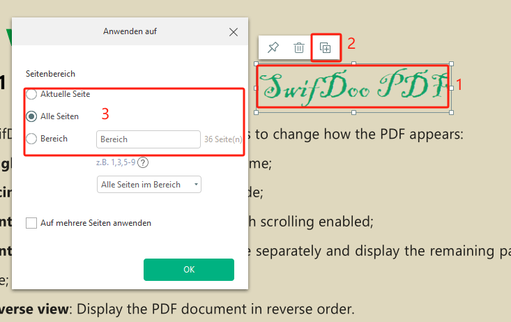 Unterschrift in verschieden Seiten der PDF-Datei einfügen 