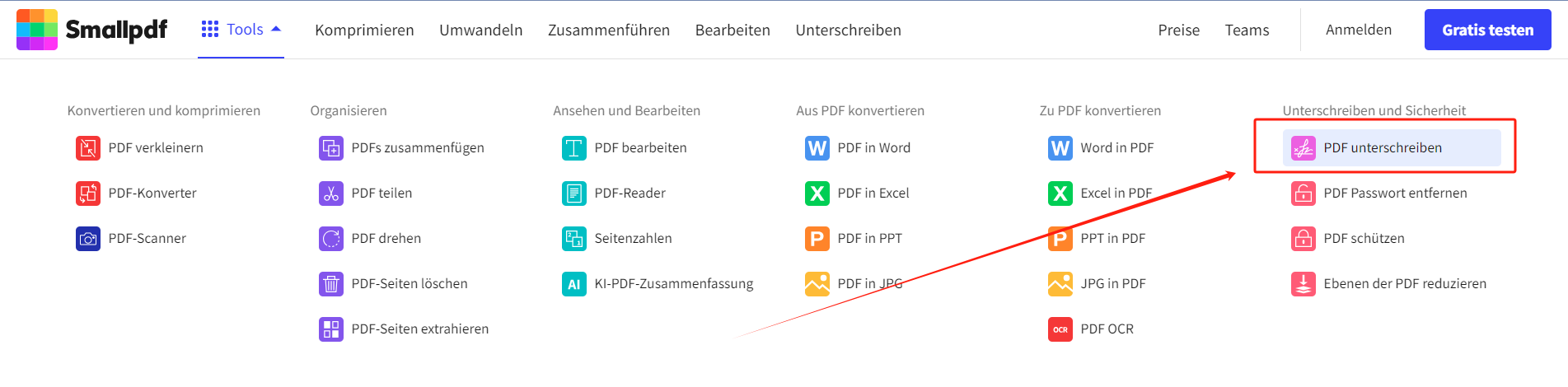 PDF-Datei online unterschreiben ohne Anmeldung mit Smallpdf 