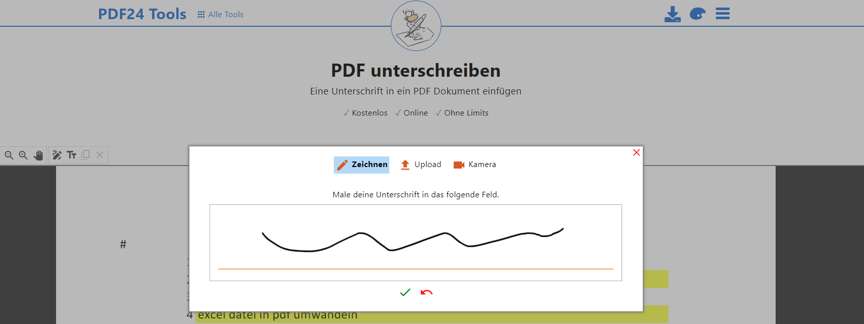 Nach dem Hochladen der PDF-Datei können Sie eine Unterschrift erstellen und in PDF einfügen.