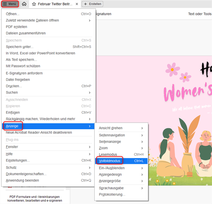Vollbildmodus in Adobe Acrobat aktivieren