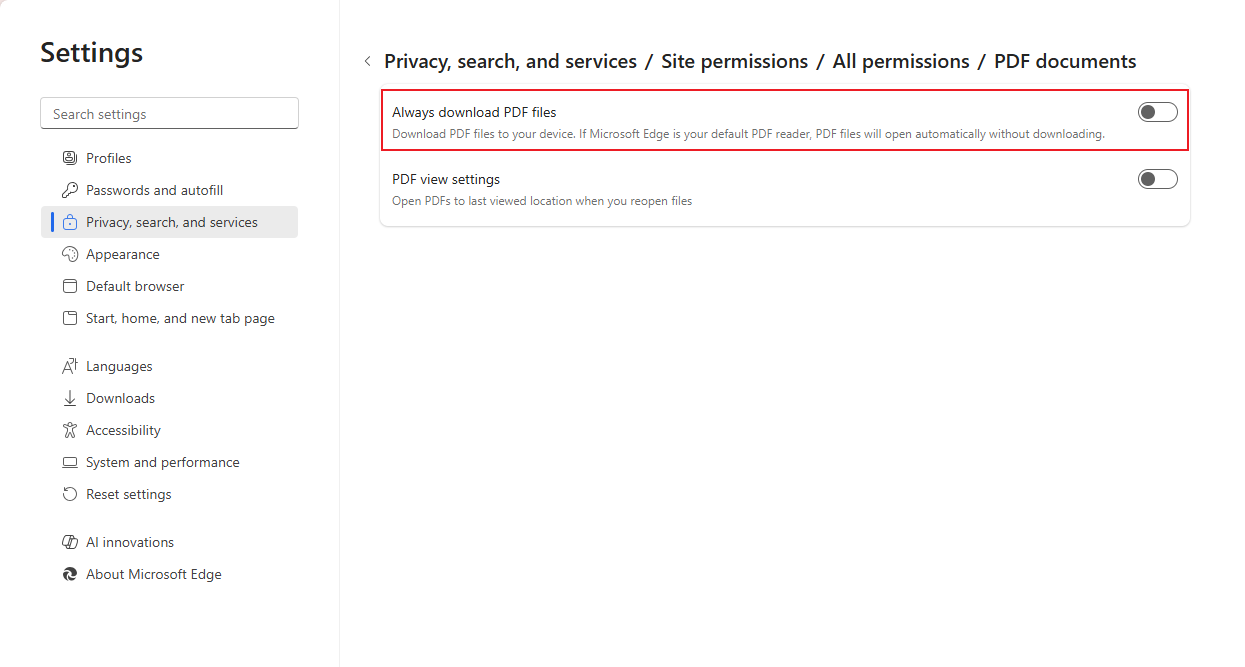 Turn off the Always download PDF files option in Windows’ Settings