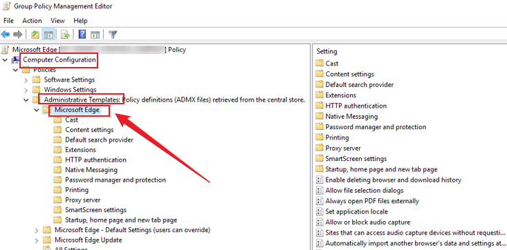 Go to Computer Configuration and select Microsoft Edge under the Administrative Templates
